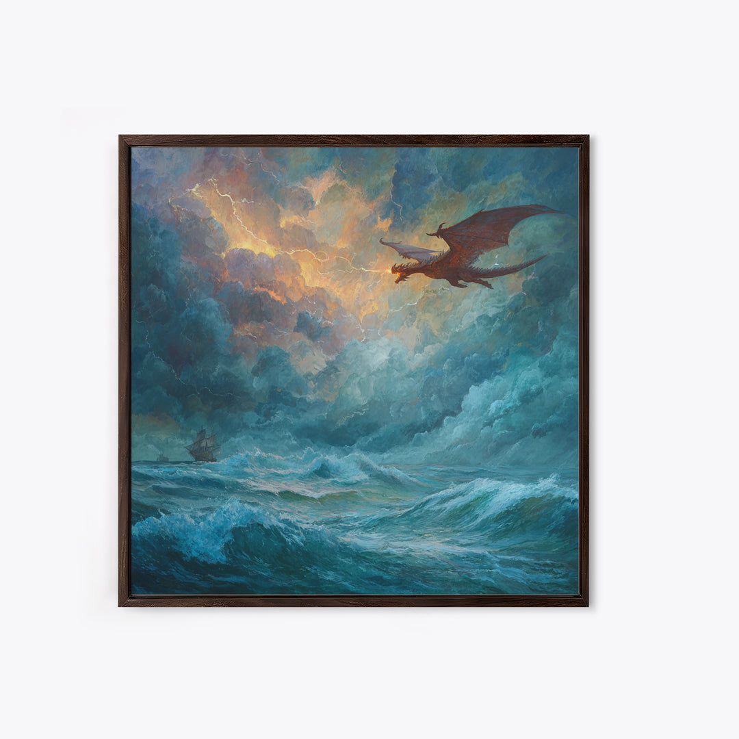 Red Dragon Soaring Above Stormy Ocean Canvas Print, Epic Fantasy Seascape Wall Art, Gothic Nautical Living Room Decor Gift