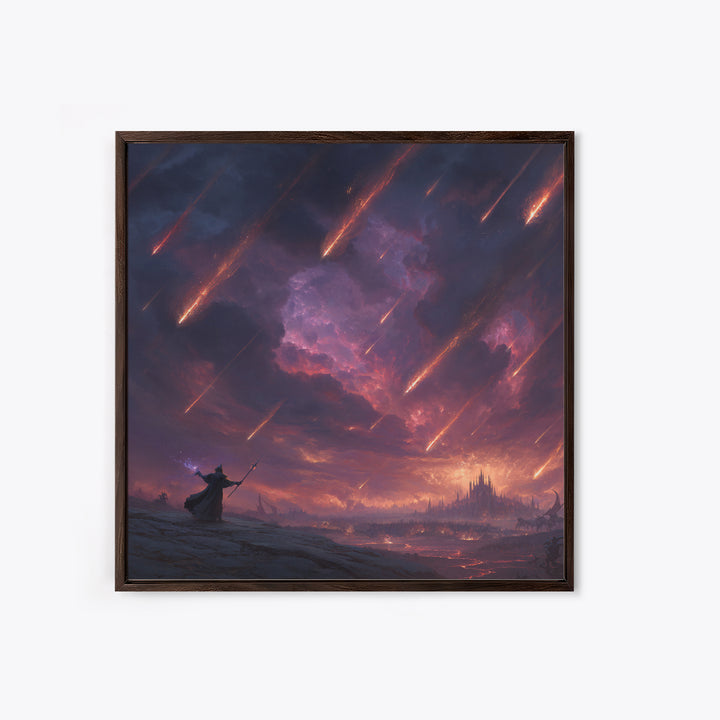 Meteor Storm Wizard Fantasy Wall Art, Dark Castle Canvas Print, Apocalyptic Sky, Gothic Gaming Room Decor, Unique Gift For Him