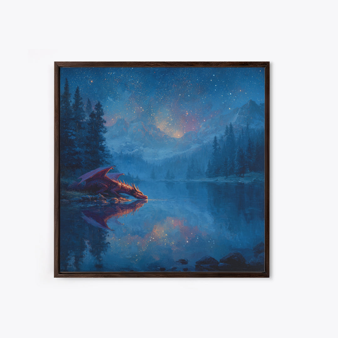 Starlit Dragon Lake Fantasy Wall Art, Blue Mountain Canvas Print, Celestial Nursery Decor, Magical Kids Room Art Gift For Dragon Lovers