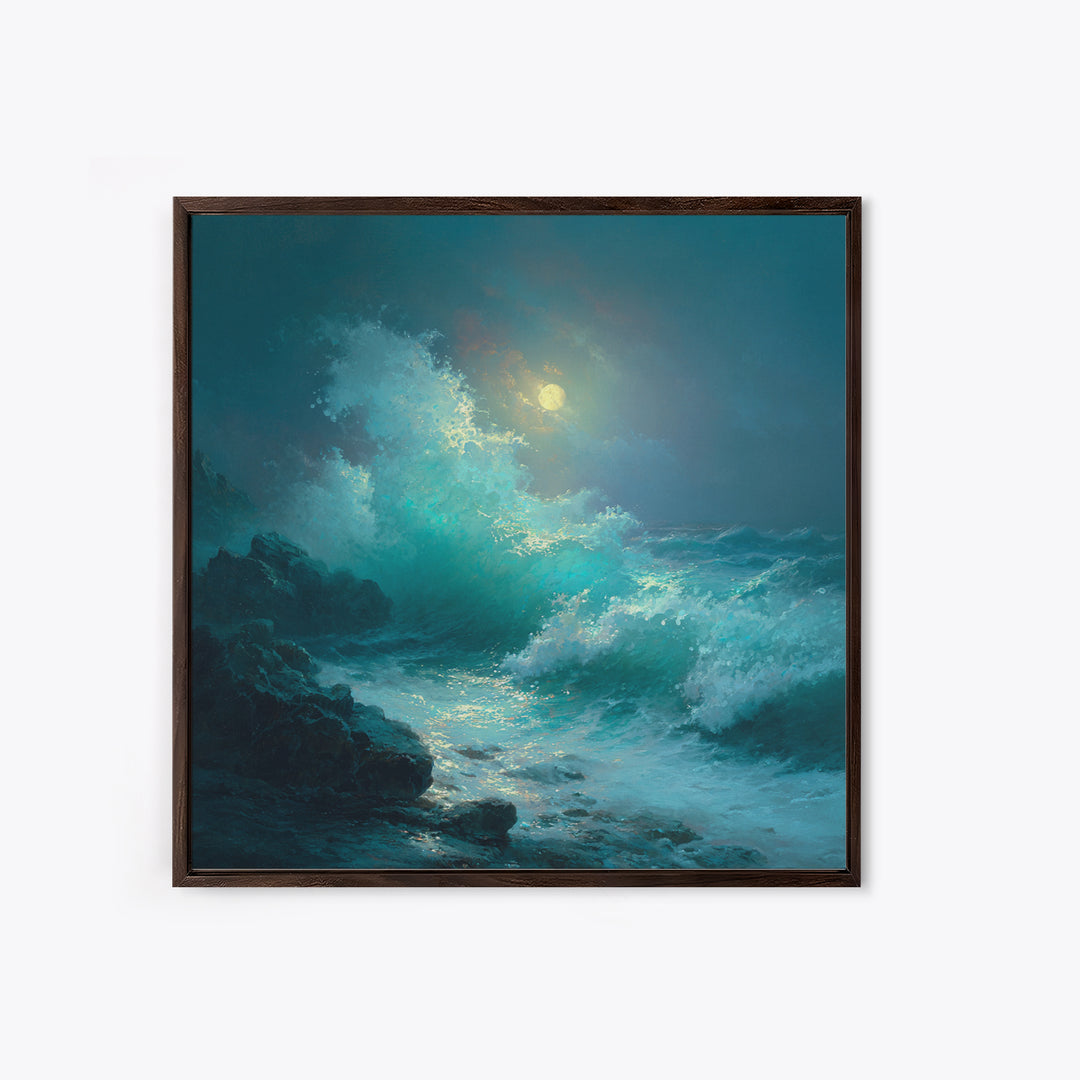 Moonlit Turquoise Wave Seascape Wall Art, Ocean Canvas Print, Coastal Bathroom Decor, Nautical Living Room Art Gift For Beach House