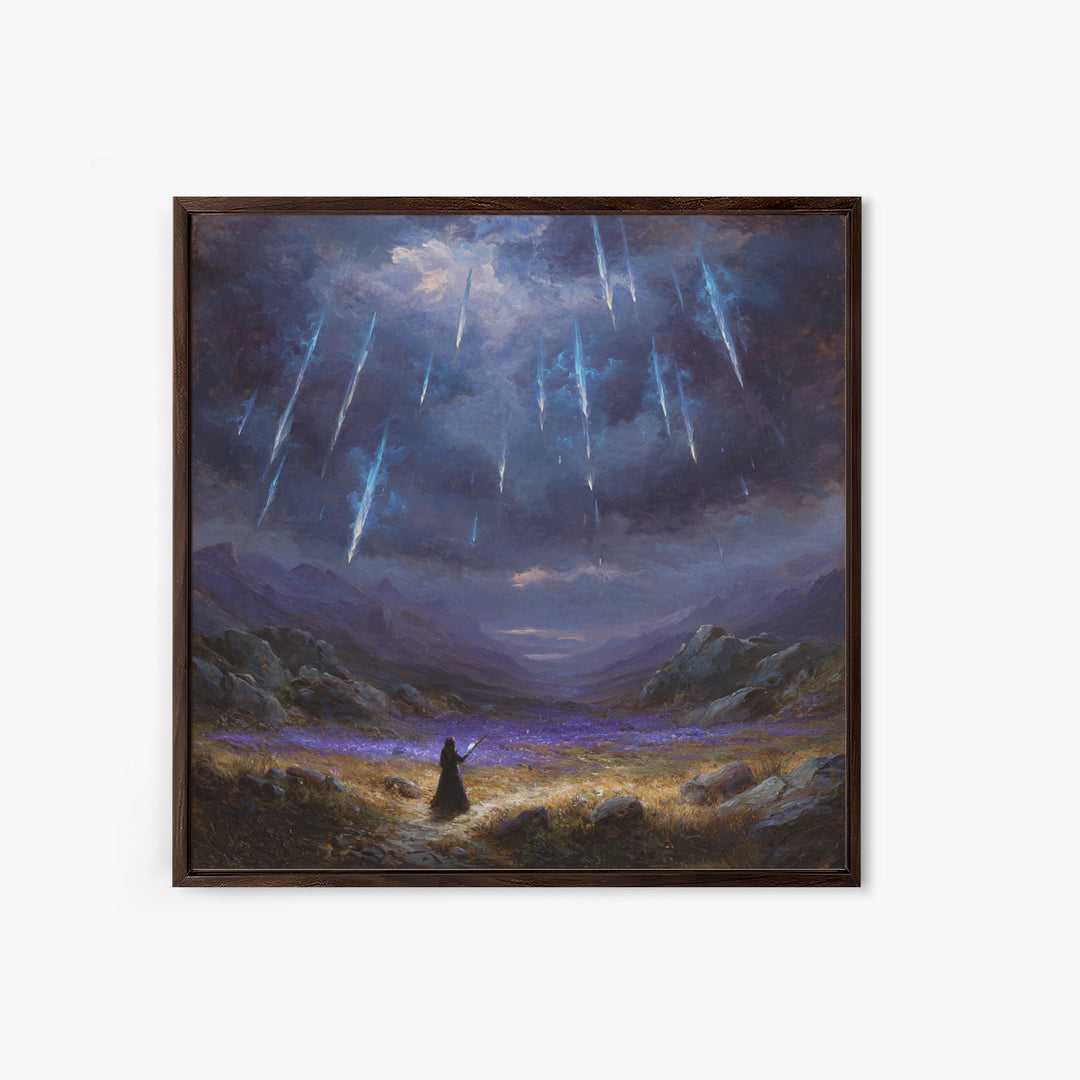 Icy Meteor Valley Wizard Wall Art, Dark Fantasy Framed Canvas Print, Mountain Landscape Decor, Gothic Office Art Gift For Him
