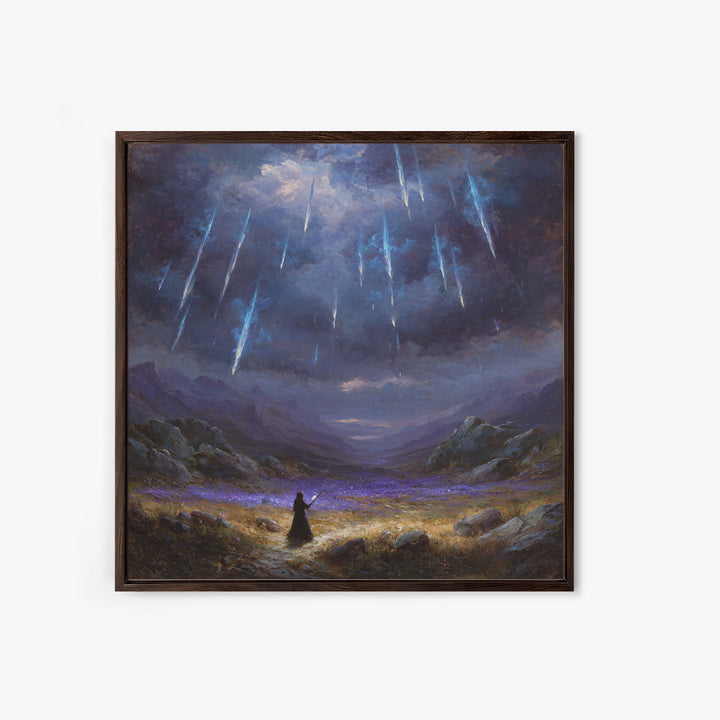 Icy Meteor Valley Wizard Wall Art, Dark Fantasy Framed Canvas Print, Mountain Landscape Decor, Gothic Office Art Gift For Him