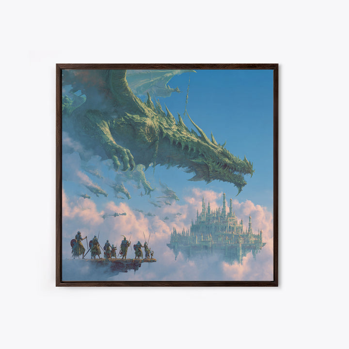 Giant Dragon Over Sky Castle Wall Art, Epic Fantasy Canvas Print, Floating Kingdom Decor, Gaming Room Statement Artwork Gift