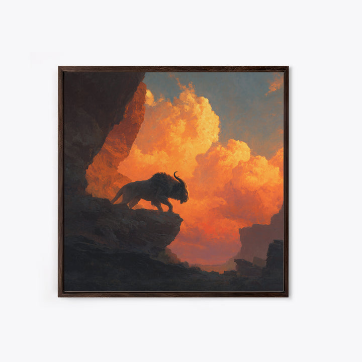 Cave Bison Sunset Canyon Wall Art, Southwestern Wildlife Canvas Print, Rustic Western Decor, Buffalo Landscape Art Gift For Him