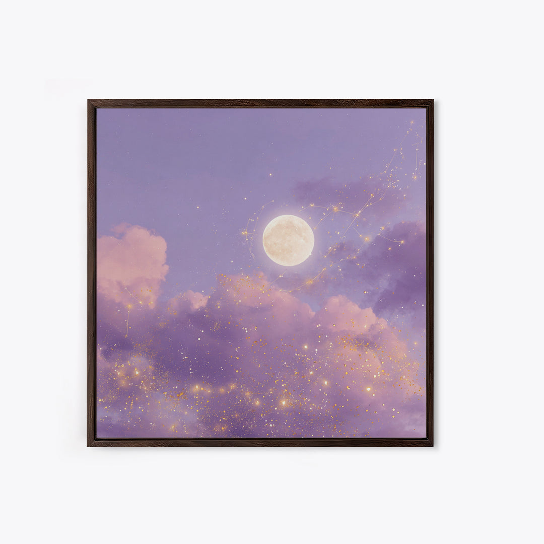 Full Moon With Golden Constellations Wall Art, Celestial Canvas Print, Purple Cloud Decor, Mystical Bedroom Gift For Her