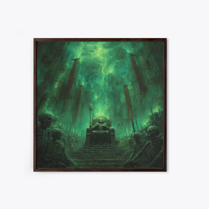 Emerald Necromancer Throne With Skeleton Army Framed Canvas Print, Gothic Wall Art, Dark Fantasy Decor, Occult Office Art