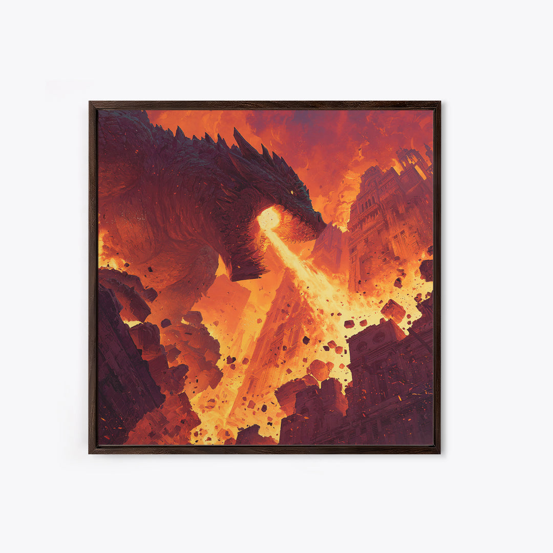 Fire Breathing Dragon Over Ruined City Canvas Print, Epic Fantasy Wall Art, Dystopian Decor, Gaming Room Statement Art, Gift For Him