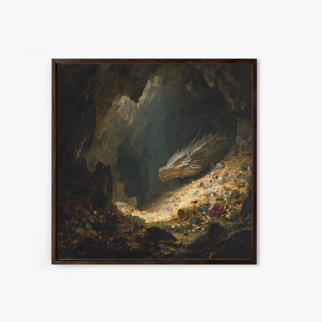 Sleeping Dragon On Glittering Treasure Hoard Canvas Print, Fantasy Wall Art, Cave Decor, Mythical Creature Gift For Him, Unique Home Decor
