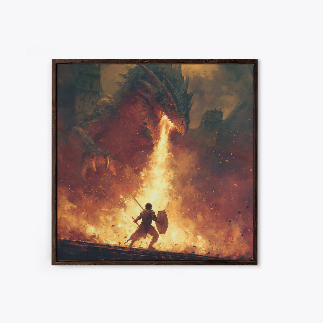 Warrior Facing Fire Breathing Dragon Framed Canvas Print, Epic Fantasy Wall Art, Hero Battle Decor, Gaming Room Gift For Him, Large Art