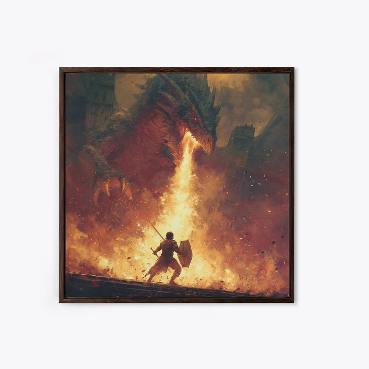 Warrior Facing Fire Breathing Dragon Framed Canvas Print, Epic Fantasy Wall Art, Hero Battle Decor, Gaming Room Gift For Him, Large Art