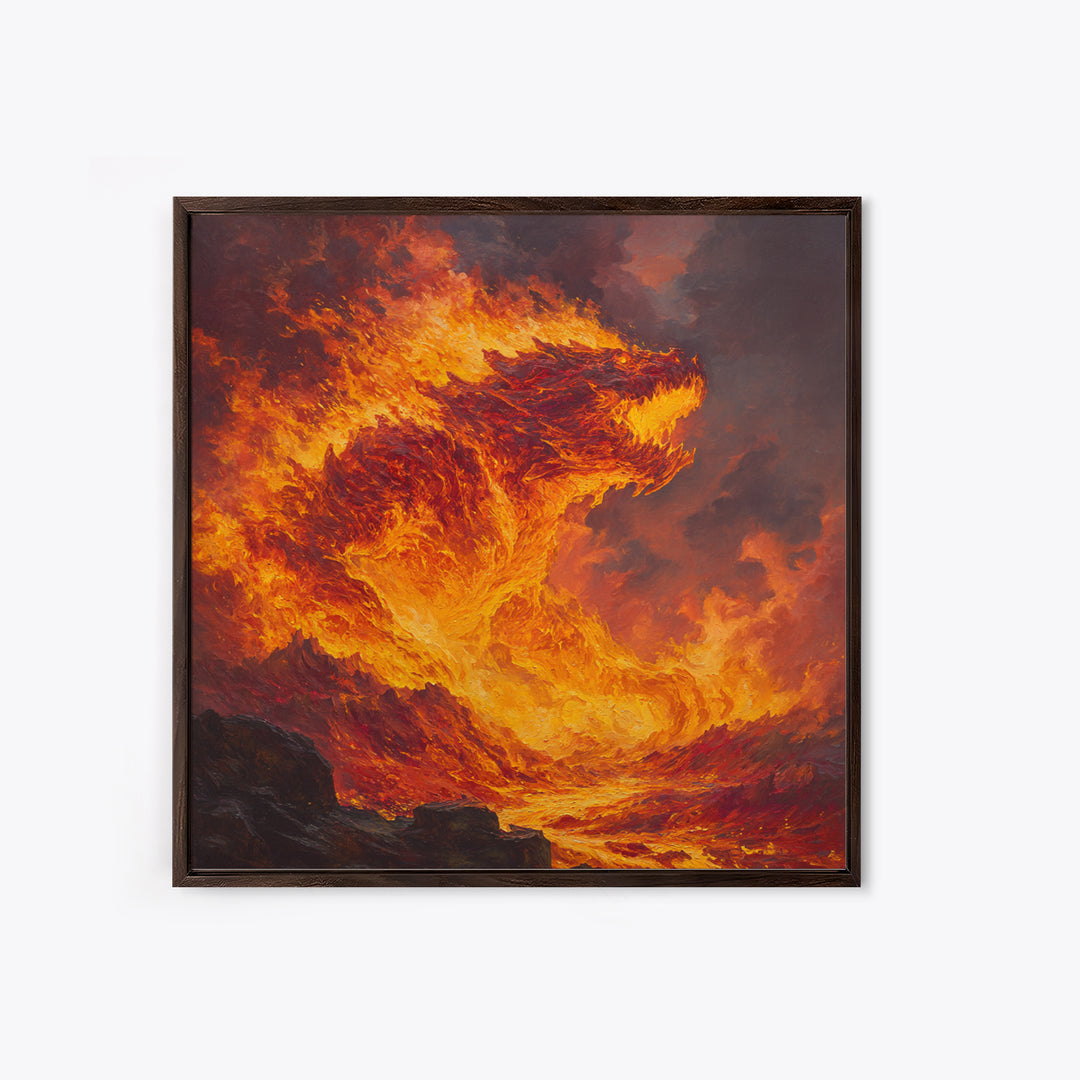 Blazing Fire Dragon Rising From Lava Canvas Print, Fantasy Wall Art, Orange Statement Artwork, Dark Fantasy Home Decor, Gift For Him