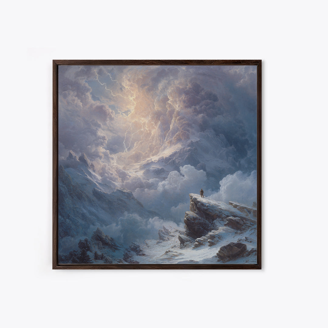 Lone Explorer On Snowy Mountain Storm Canvas Print, Winter Landscape Wall Art, Moody Nature Decor, Adventure Gift For Him