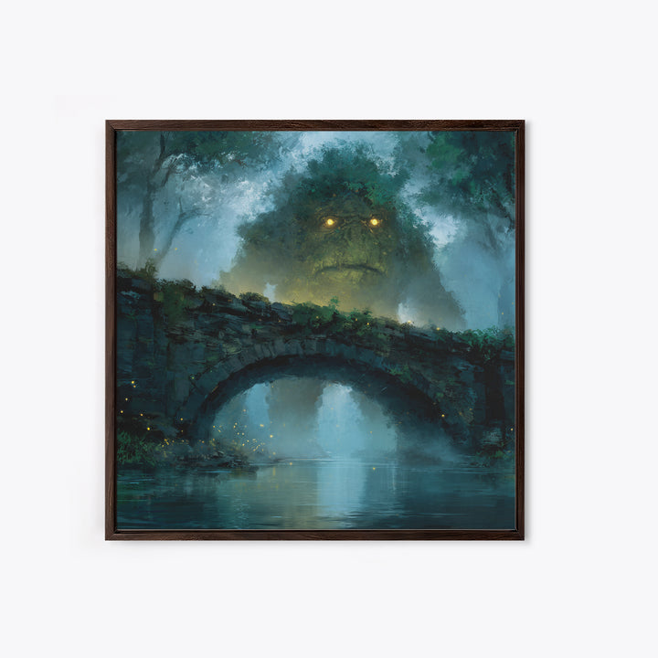 Mossy Forest Giant Above Stone Bridge Framed Canvas Print, Whimsical Fantasy Wall Art, Nature Decor, Cozy Gift For Her, Woodland Home Decor