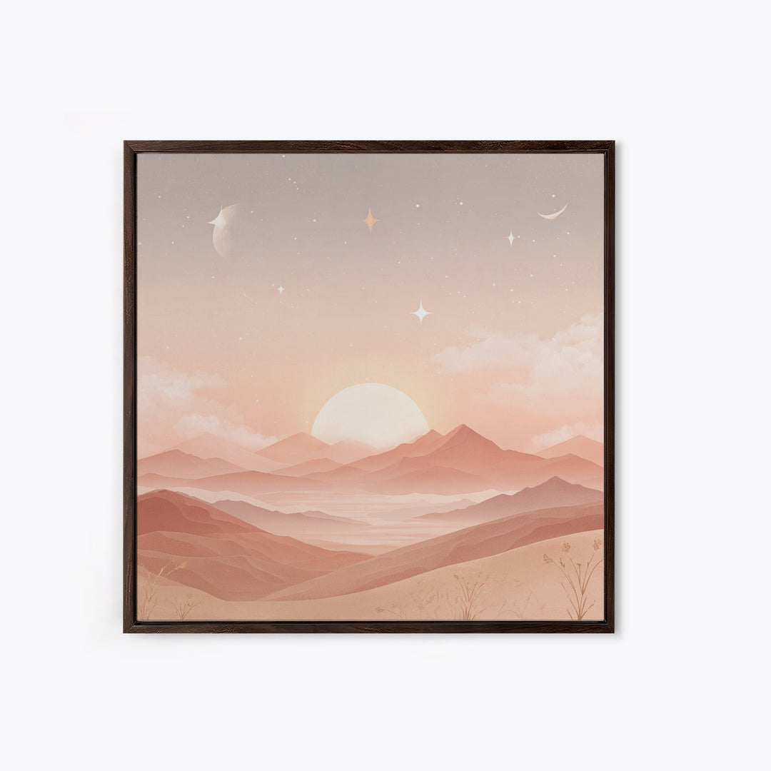 Peach Sunrise Mountains With Moon And Stars Wall Art, Minimalist Landscape Print, Celestial Nursery Decor, Above Bed Art