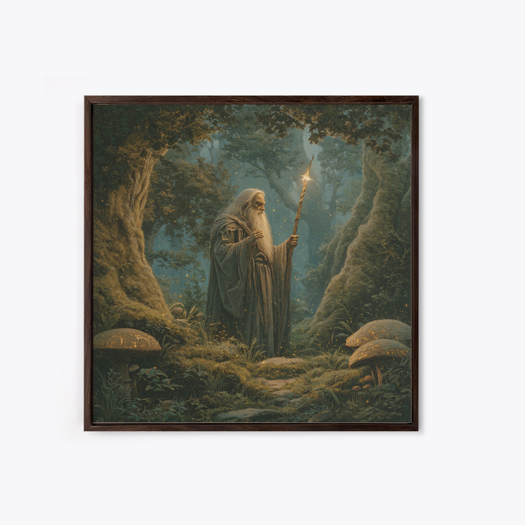 Ancient Wizard With Glowing Staff Framed Canvas Print, Fantasy Wall Art, Enchanted Forest Home Decor, Dark Academia Gift