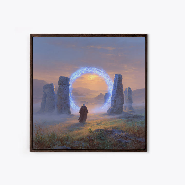 Glowing Rune Portal Between Ancient Stones Canvas Print, Fantasy Landscape Wall Art, Mystical Home Decor, Magic Gateway Art