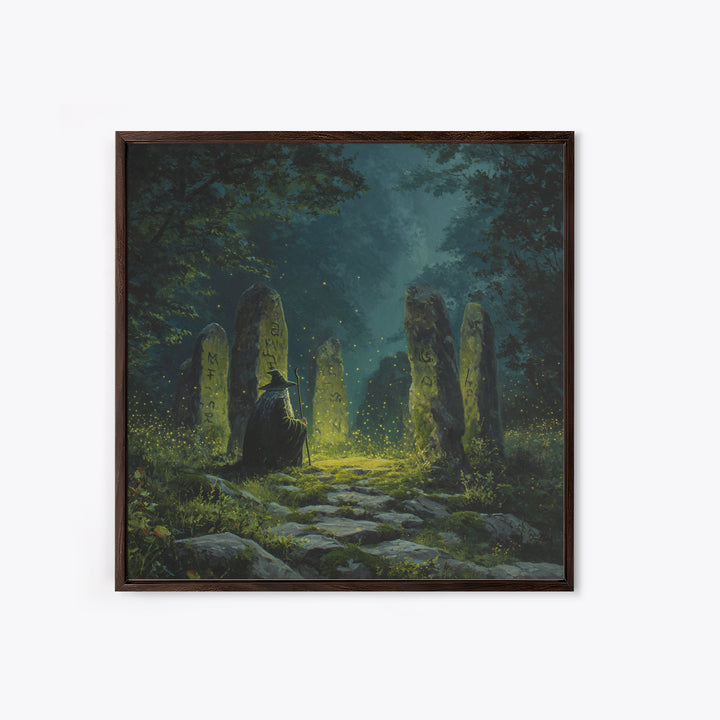 Dark Witch At Ancient Rune Stones Wall Art, Gothic Fantasy Canvas Print, Mystical Forest Decor, Dark Academia Poster Gift