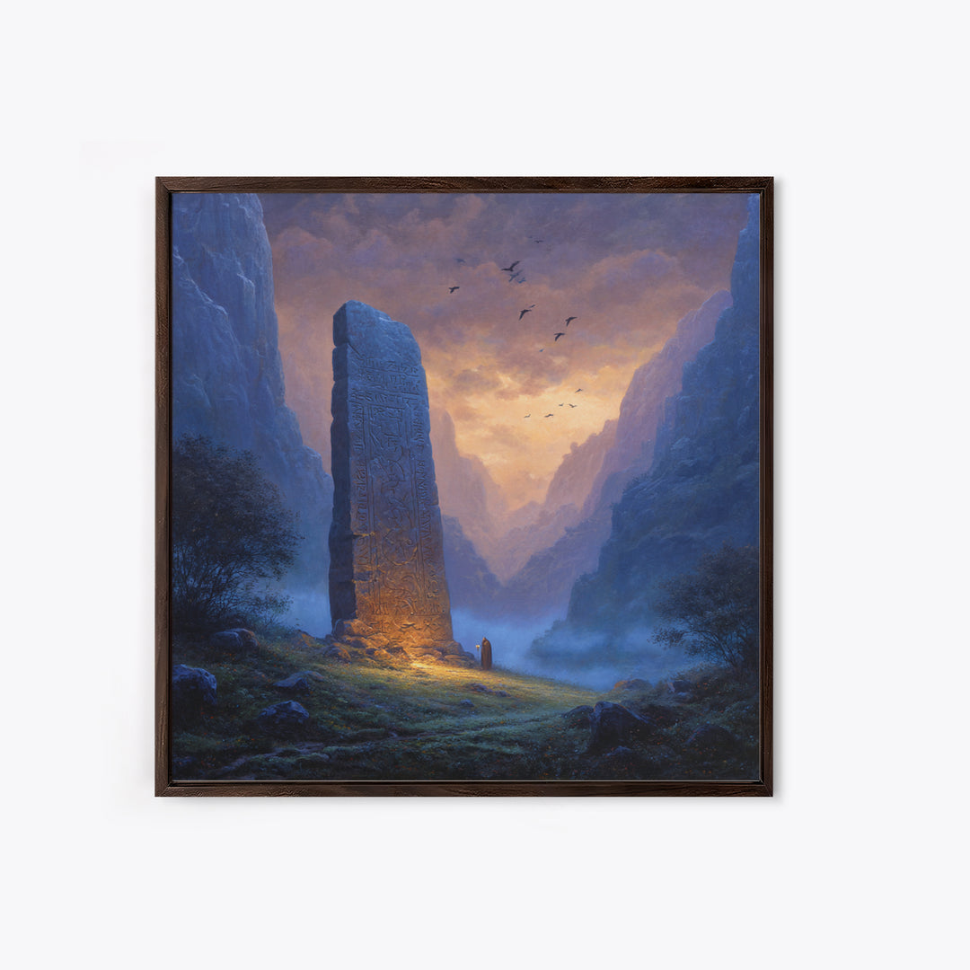Carved Rune Monolith In Misty Mountain Valley Wall Art, Fantasy Landscape Canvas Print, Mystical Ancient Stone Home Decor