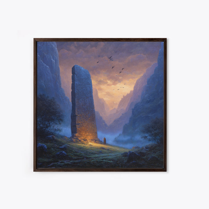 Carved Rune Monolith In Misty Mountain Valley Wall Art, Fantasy Landscape Canvas Print, Mystical Ancient Stone Home Decor