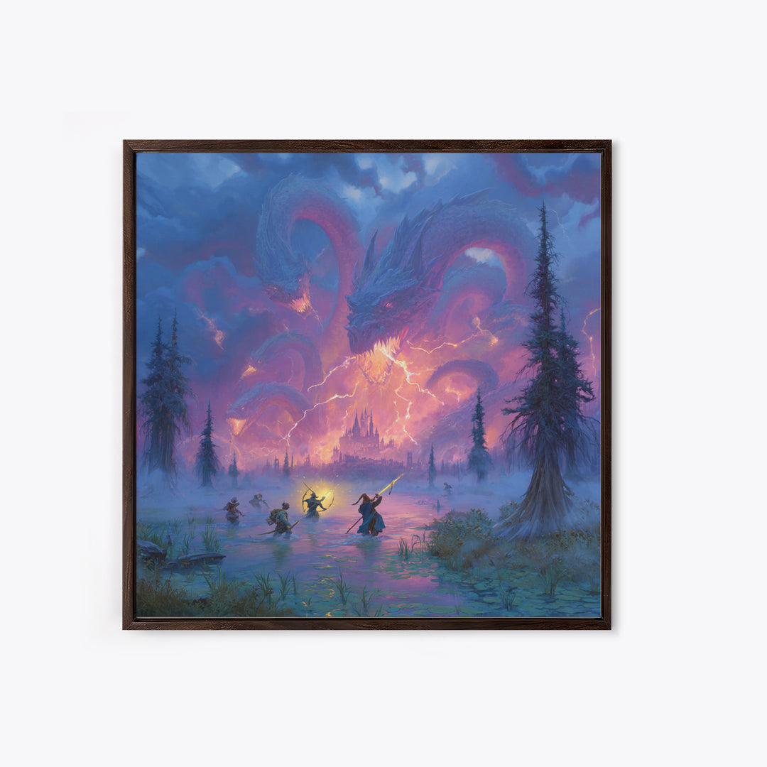 Epic Blue Dragon Battle Over Misty Castle Canvas Print, Fantasy Wall Art, Dungeons And Dragons Decor, Gamer Room Decor Gift