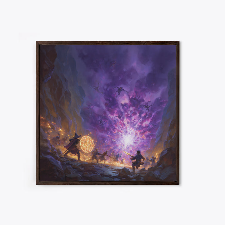 Wizard Party Fighting Purple Demon Portal Wall Art, Dark Fantasy Canvas Print, Dungeons And Dragons Game Room Decor Gift