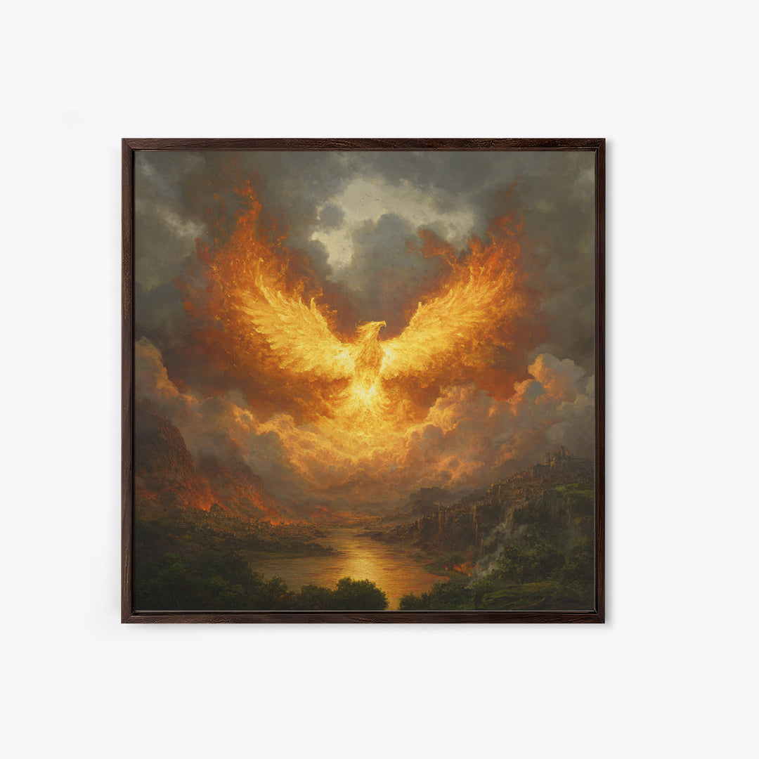 Fiery Phoenix Rising Above Stormy Valley Wall Art, Mythical Fantasy Canvas Print, Dramatic Firebird Epic Home Decor Gift