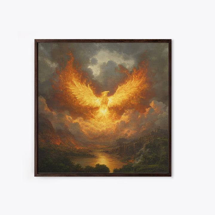 Fiery Phoenix Rising Above Stormy Valley Wall Art, Mythical Fantasy Canvas Print, Dramatic Firebird Epic Home Decor Gift