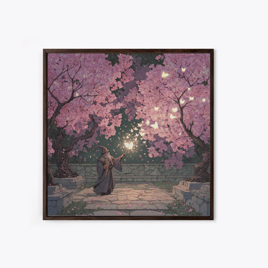 Wizard Casting Light Beneath Cherry Blossoms Canvas Print, Fantasy Wall Art, Pink Floral Magical Garden Home Decor, Unique Gift