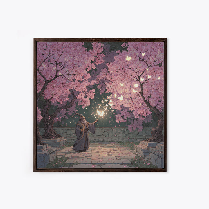 Wizard Casting Light Beneath Cherry Blossoms Canvas Print, Fantasy Wall Art, Pink Floral Magical Garden Home Decor, Unique Gift