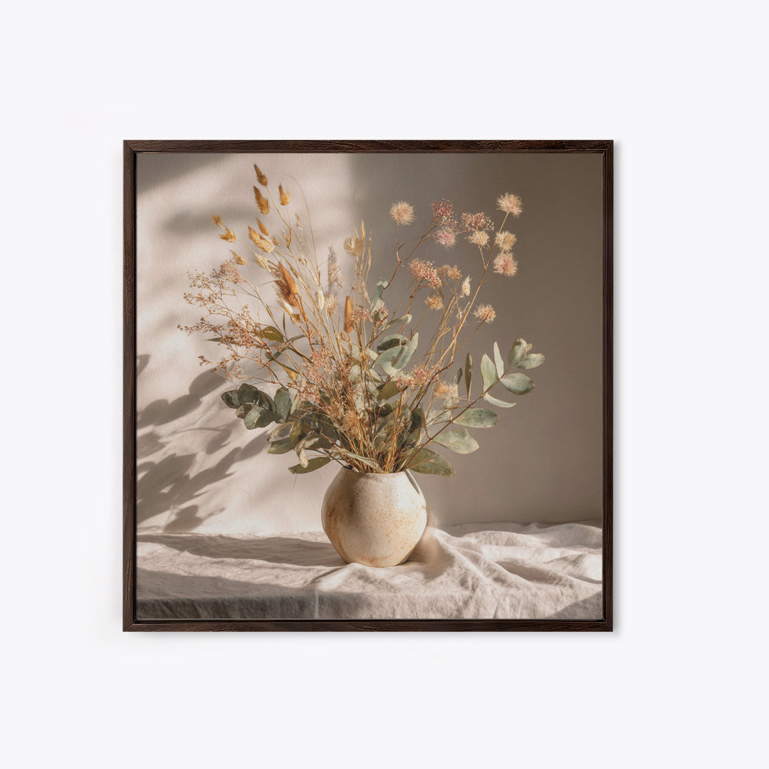 Sunlit Dried Eucalyptus Vase Wall Art, Neutral Botanical Canvas Print, Japandi Home Decor, Minimalist Bedroom Decor Gift For Her