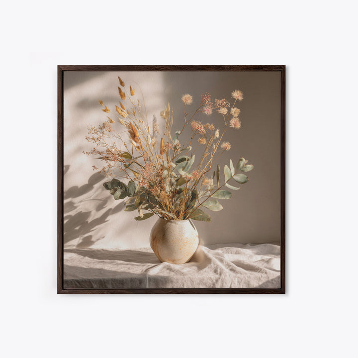 Sunlit Dried Eucalyptus Vase Wall Art, Neutral Botanical Canvas Print, Japandi Home Decor, Minimalist Bedroom Decor Gift For Her