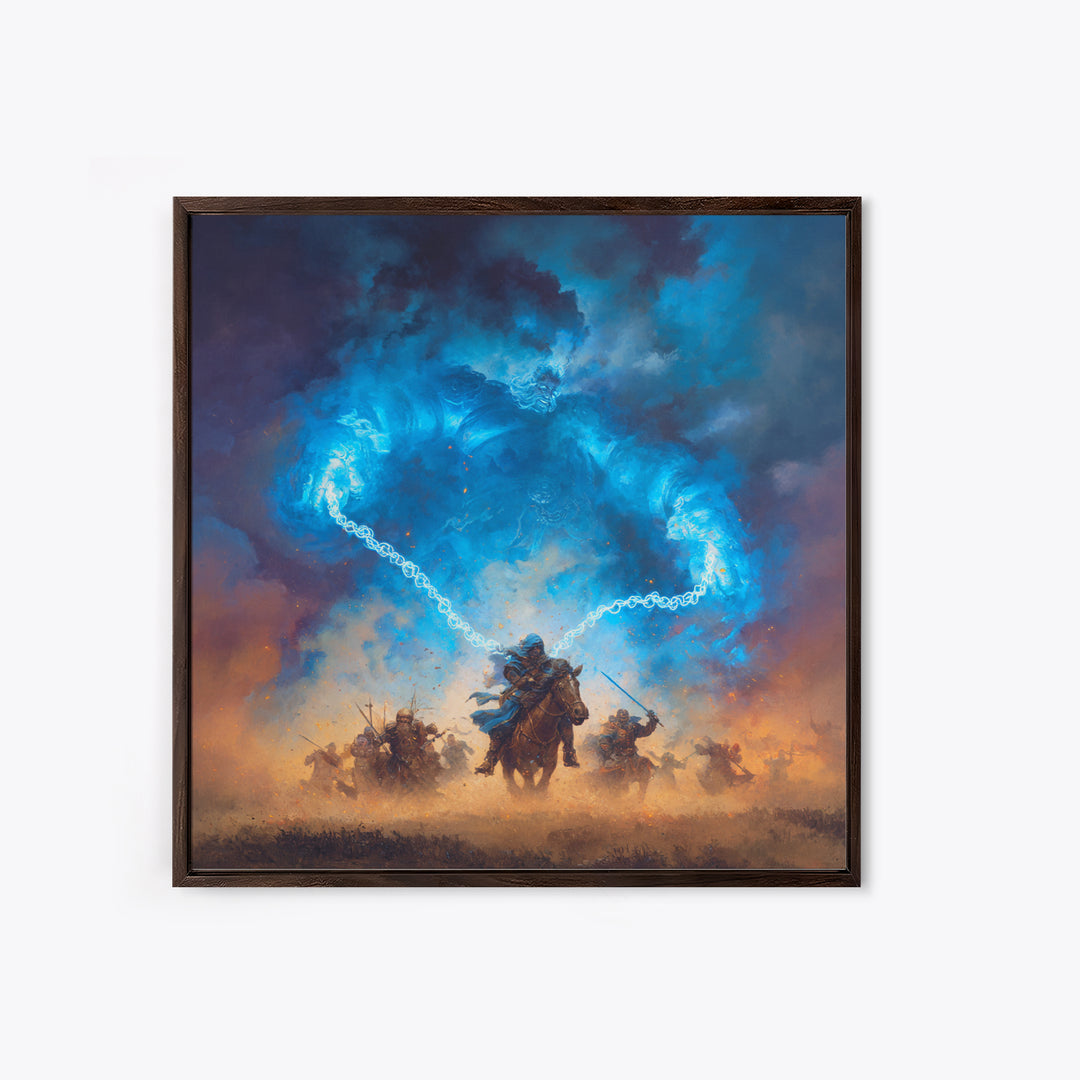 Blue Storm Giant Battle Wall Art, Epic Fantasy Canvas Print, Dark Wizard Decor, Medieval Warrior Gift, Moody Game Room Art
