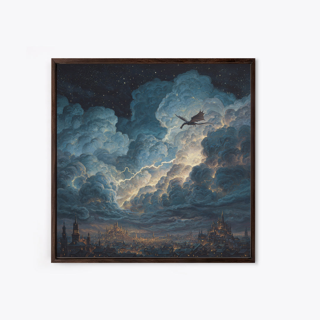 Night Dragon Storm Cloud Wall Art, Fantasy City Canvas Print, Gothic Castle Decor, Moody Sky Art, Gift For Dragon Lovers