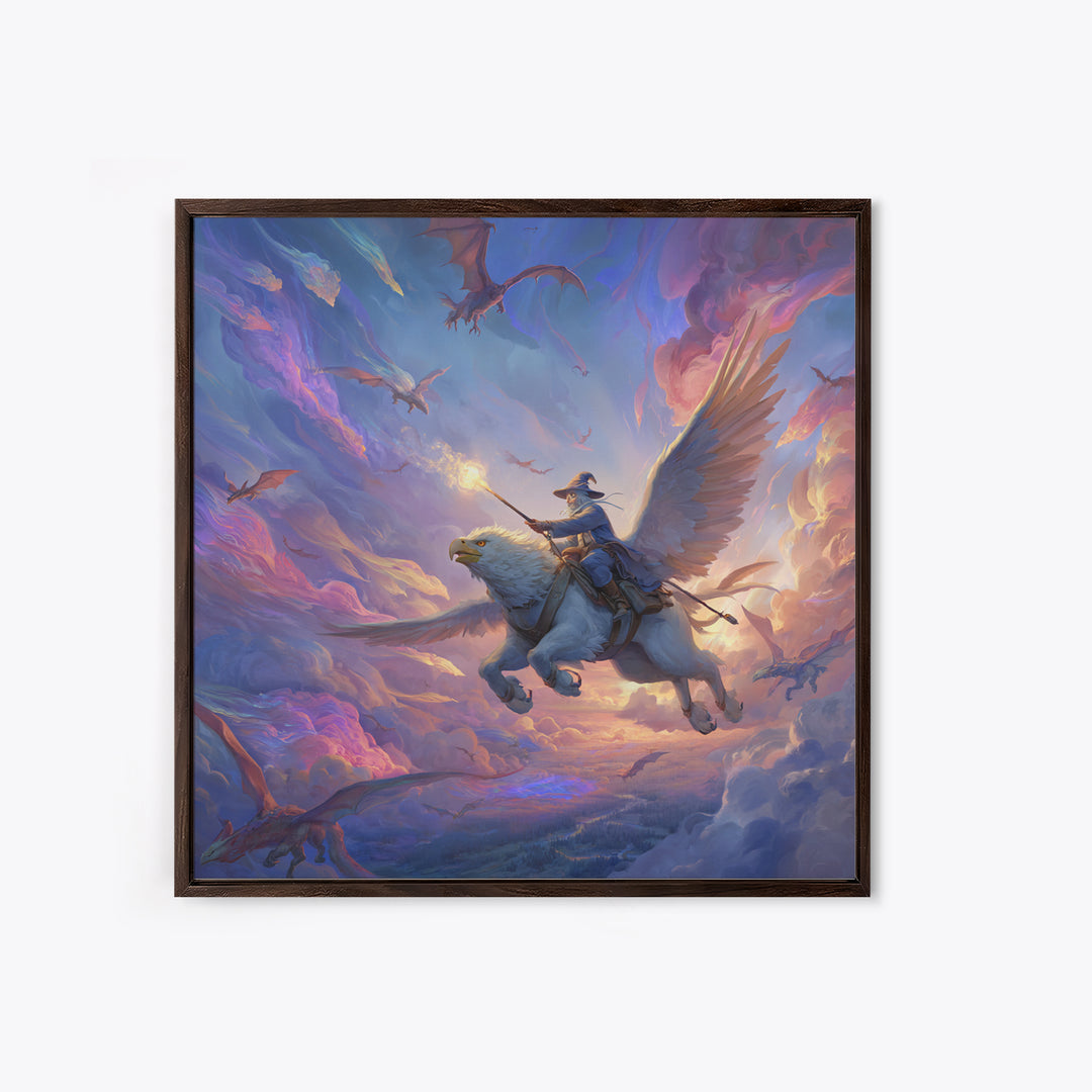 Griffin Rider Sky Battle Wall Art, Whimsical Fantasy Canvas Print, Pastel Dragon Decor, Magical Nursery Or Game Room Art