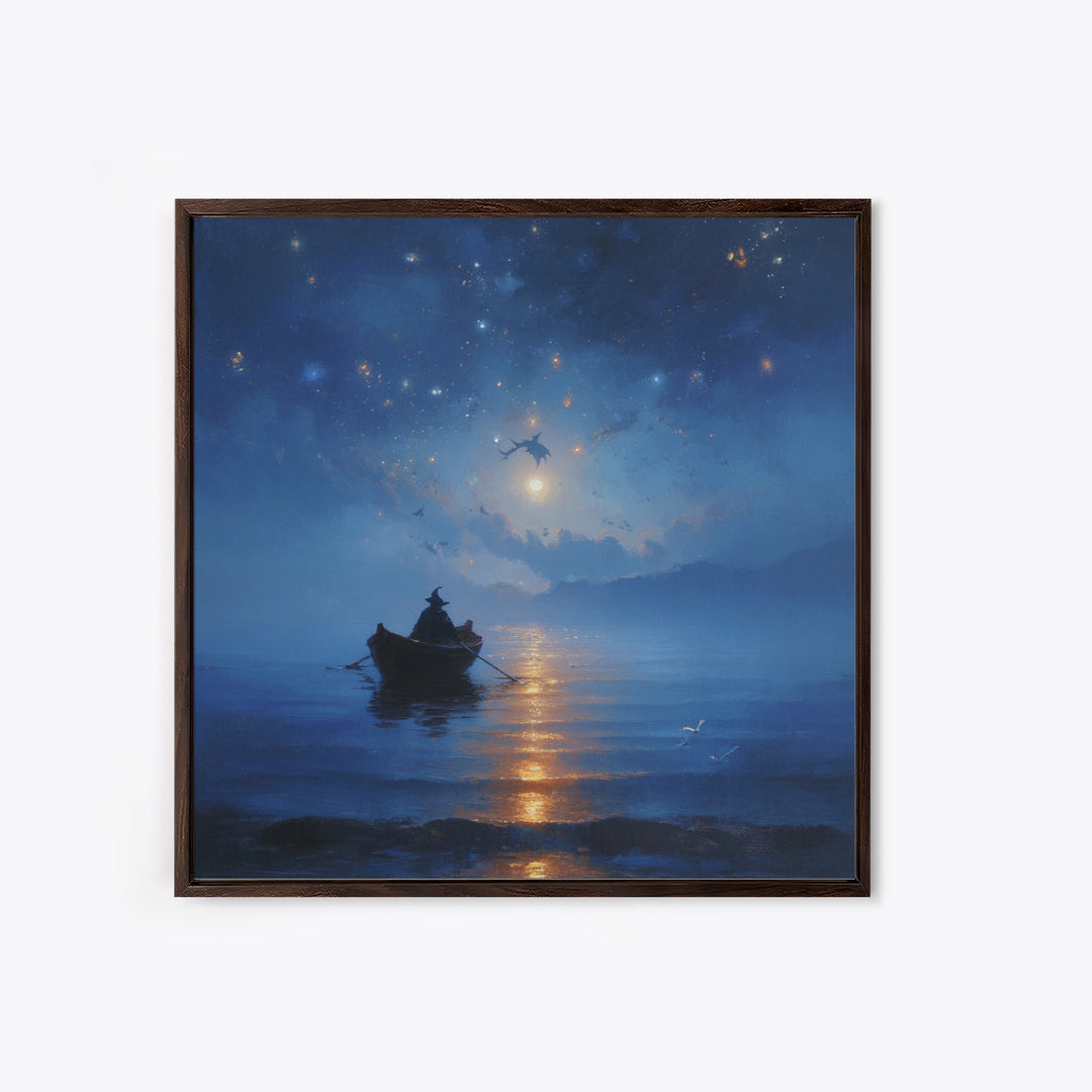 Moonlit Wizard Boat Wall Art, Blue Fantasy Seascape Canvas Print, Celestial Ocean Decor, Dreamy Bedroom Or Office Art Gift