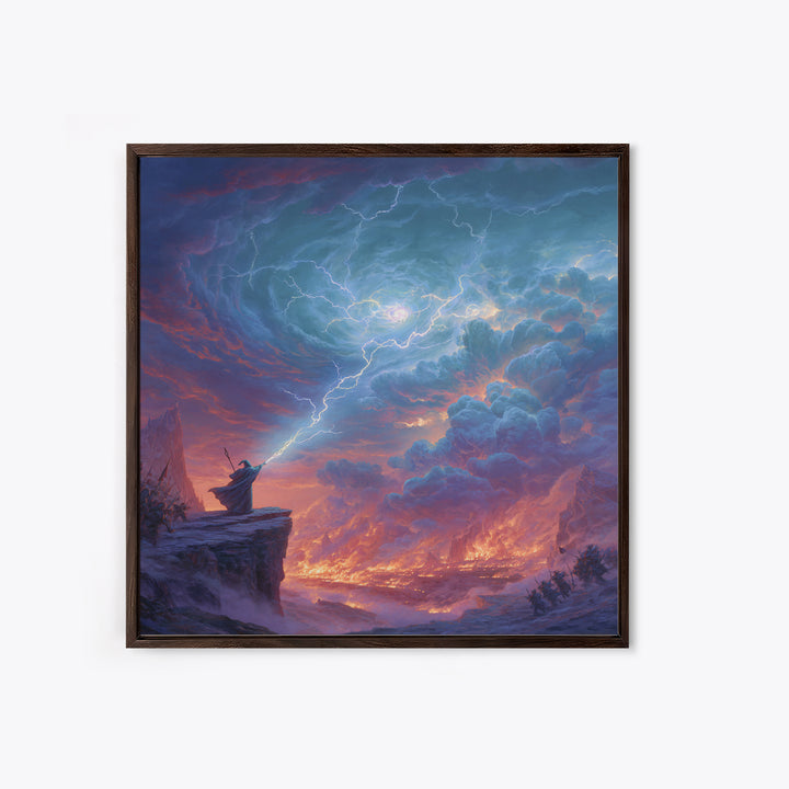 Lightning Wizard Cliff Wall Art, Epic Fantasy Storm Canvas Print, Dramatic Mountain Decor, Dark Magic Gift For Game Room