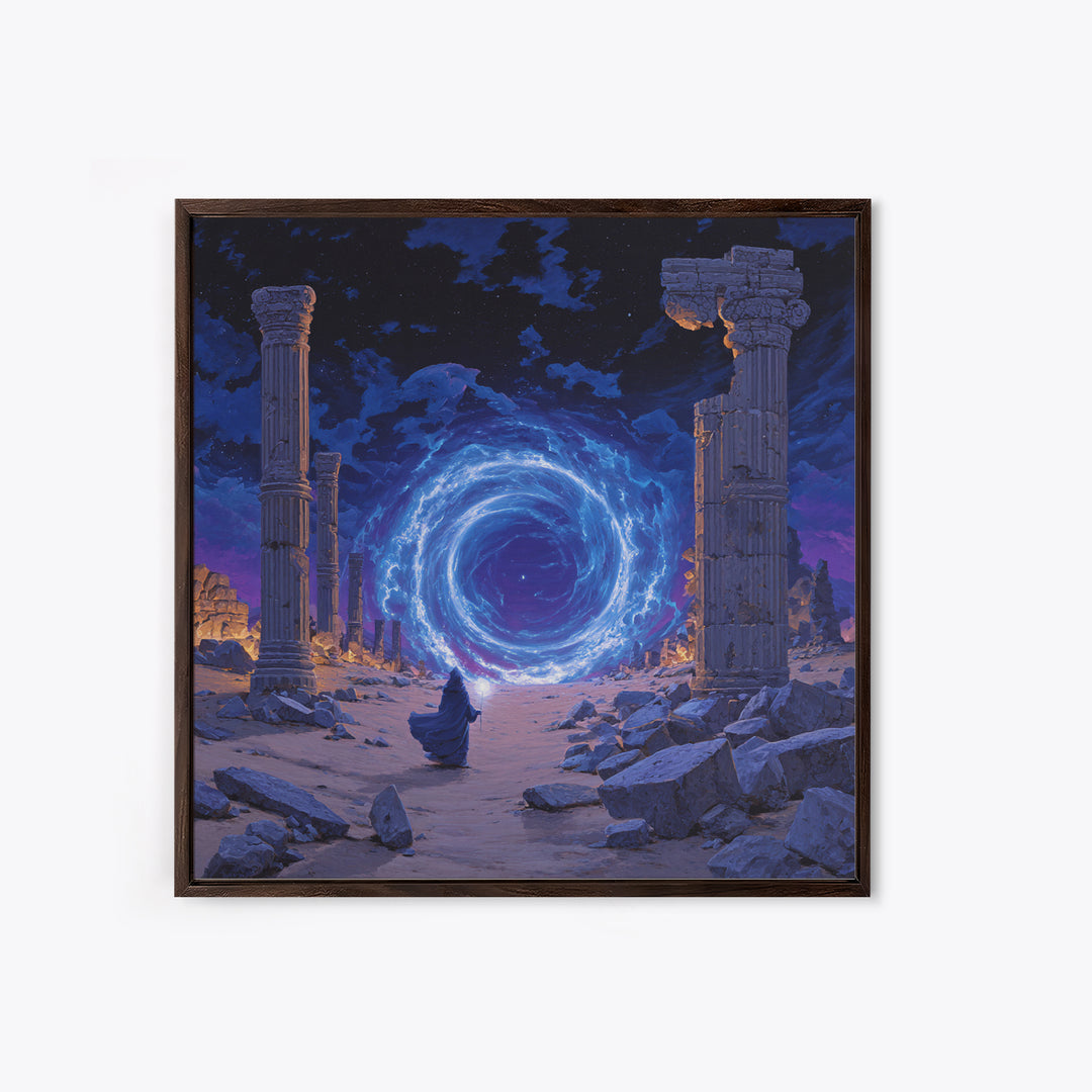 Ancient Ruins Magic Portal Wall Art, Blue Fantasy Canvas Print, Mystical Wizard Decor, Surreal Game Room Or Home Office Gift