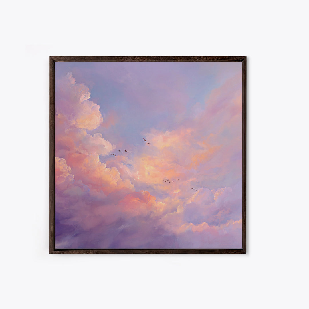 Blush Pink Cloudscape With Birds Framed Canvas Print, Pastel Sky Wall Art For Nursery Decor And Calming Bedroom Decor Gift