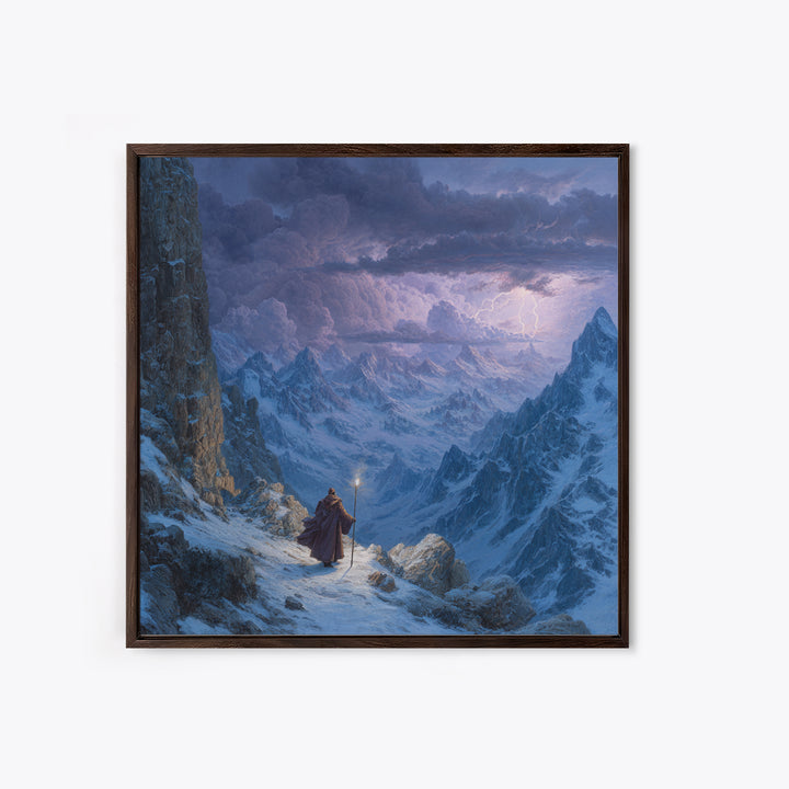Wizard On Stormy Mountain Pass Wall Art, Fantasy Landscape Painting, Moody Alpine Adventure Decor, Large Living Room Art