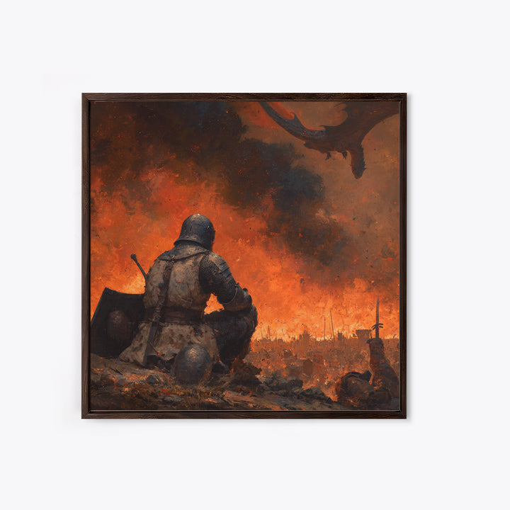 Kneeling Knight Before Dragon Canvas Print, Dark Fantasy Battle Painting, Medieval Warrior Wall Decor, Gothic Adventure Gift For Him