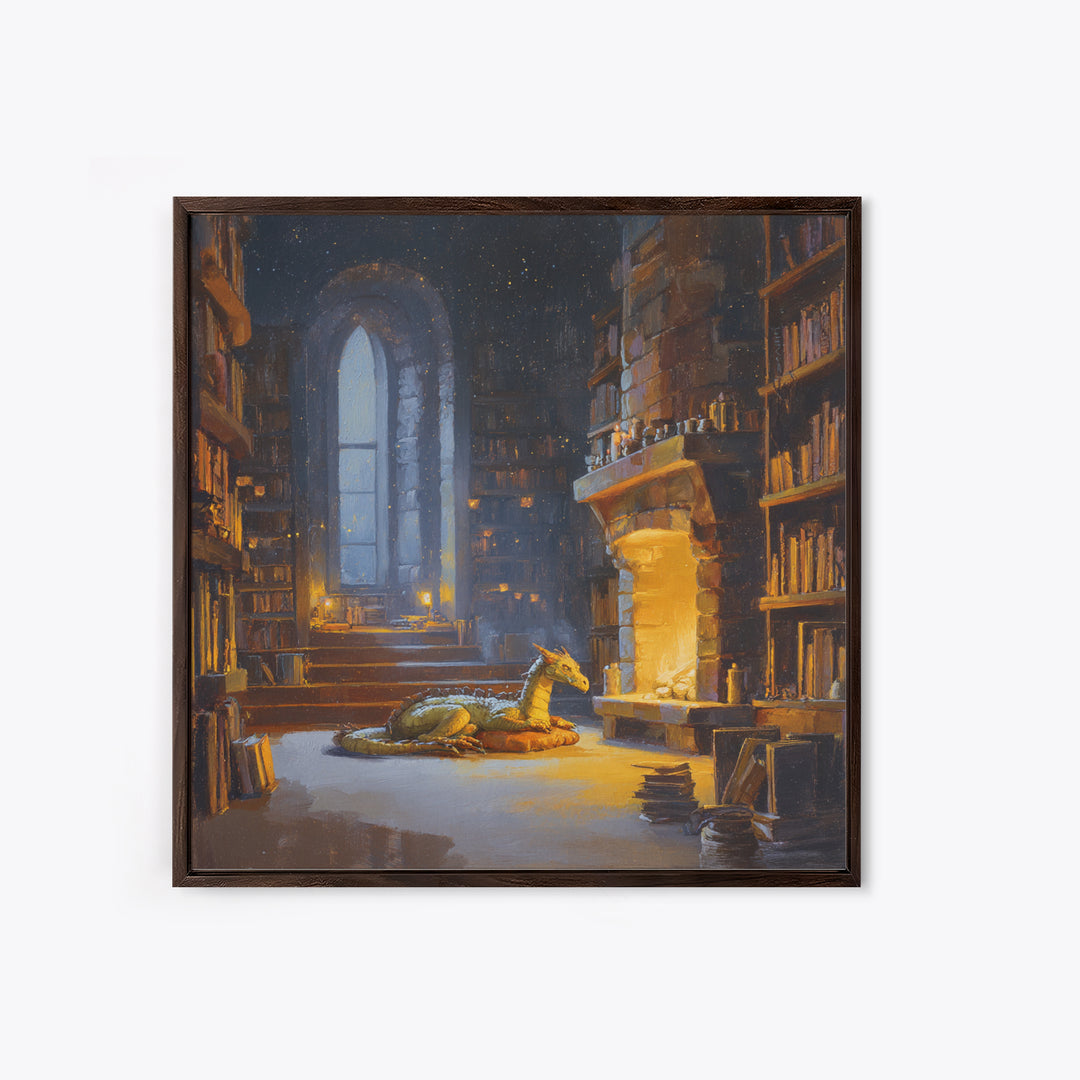 Sleeping Dragon In Magical Library Framed Canvas Print, Fantasy Bookish Wall Art, Cozy Reading Nook Decor Gift For Readers