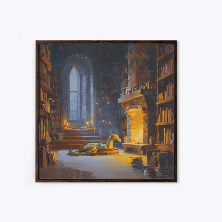 Sleeping Dragon In Magical Library Framed Canvas Print, Fantasy Bookish Wall Art, Cozy Reading Nook Decor Gift For Readers
