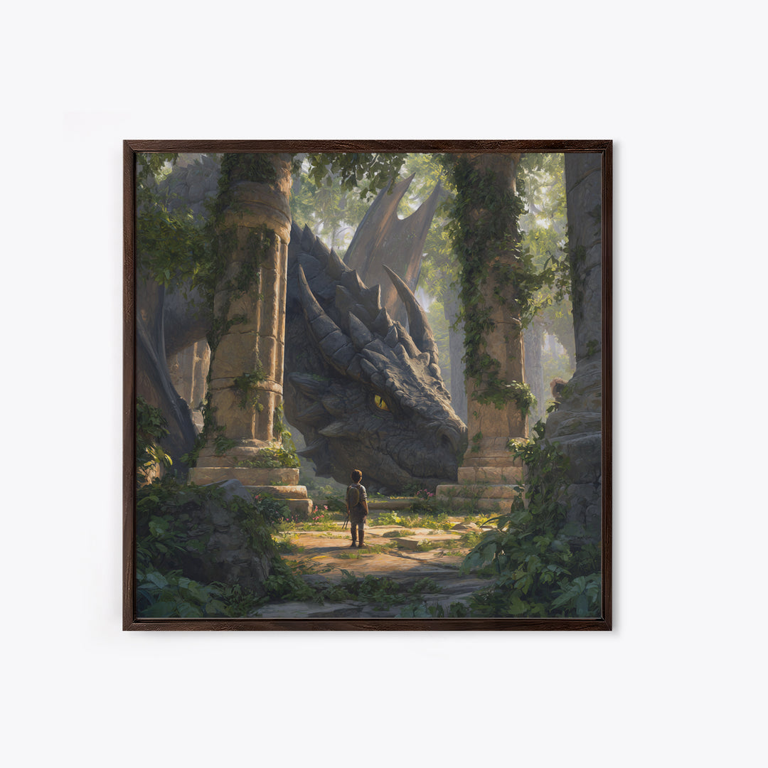 Giant Dragon In Overgrown Ruins Canvas Print, Fantasy Adventure Wall Art, Mythical Creature Decor, Kids Room Decor Gift Idea