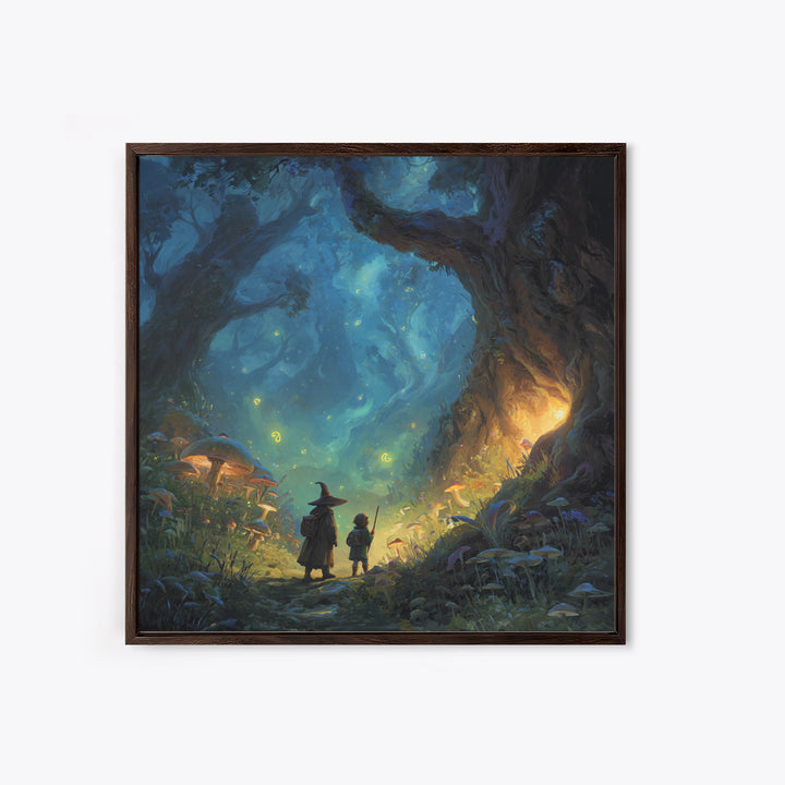 Wizard And Child In Enchanted Forest Wall Art, Whimsical Fantasy Painting, Mushroom Woodland Decor, Magical Kids Room Art