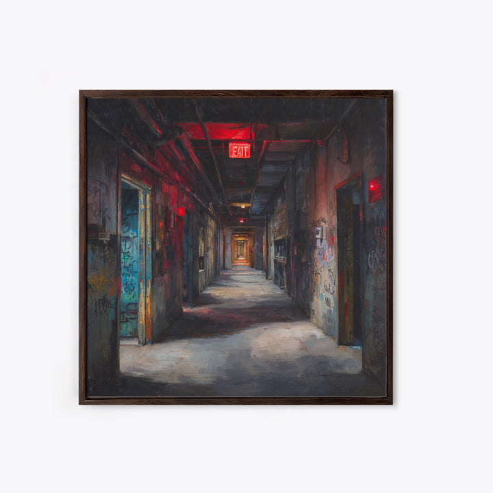 Dark Abandoned Corridor Wall Art, Moody Urban Exploration Painting, Industrial Gothic Decor, Graffiti Hallway Office Art