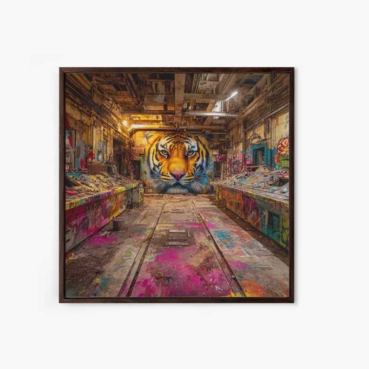 Tiger Graffiti Mural In Abandoned Factory Canvas Print, Urban Street Art, Wildlife Wall Art, Bold Industrial Loft Decor Gift