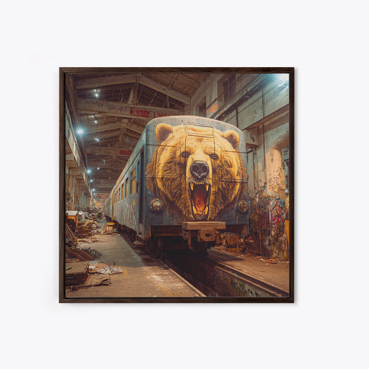 Roaring Bear Train Mural Canvas Print, Urban Graffiti Wall Art, Industrial Decor, Wildlife Art, Statement Artwork, Man Cave Decor