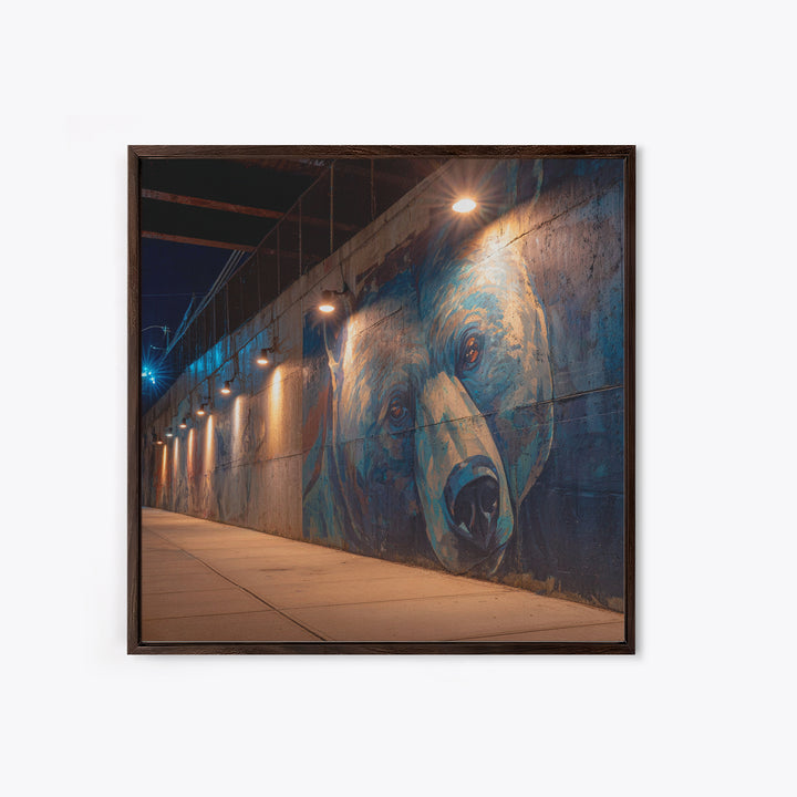 Blue Bear Street Mural Canvas Print, Urban Graffiti Wall Art, Moody City Decor, Wildlife Art, Modern Wall Decor, Night Photography
