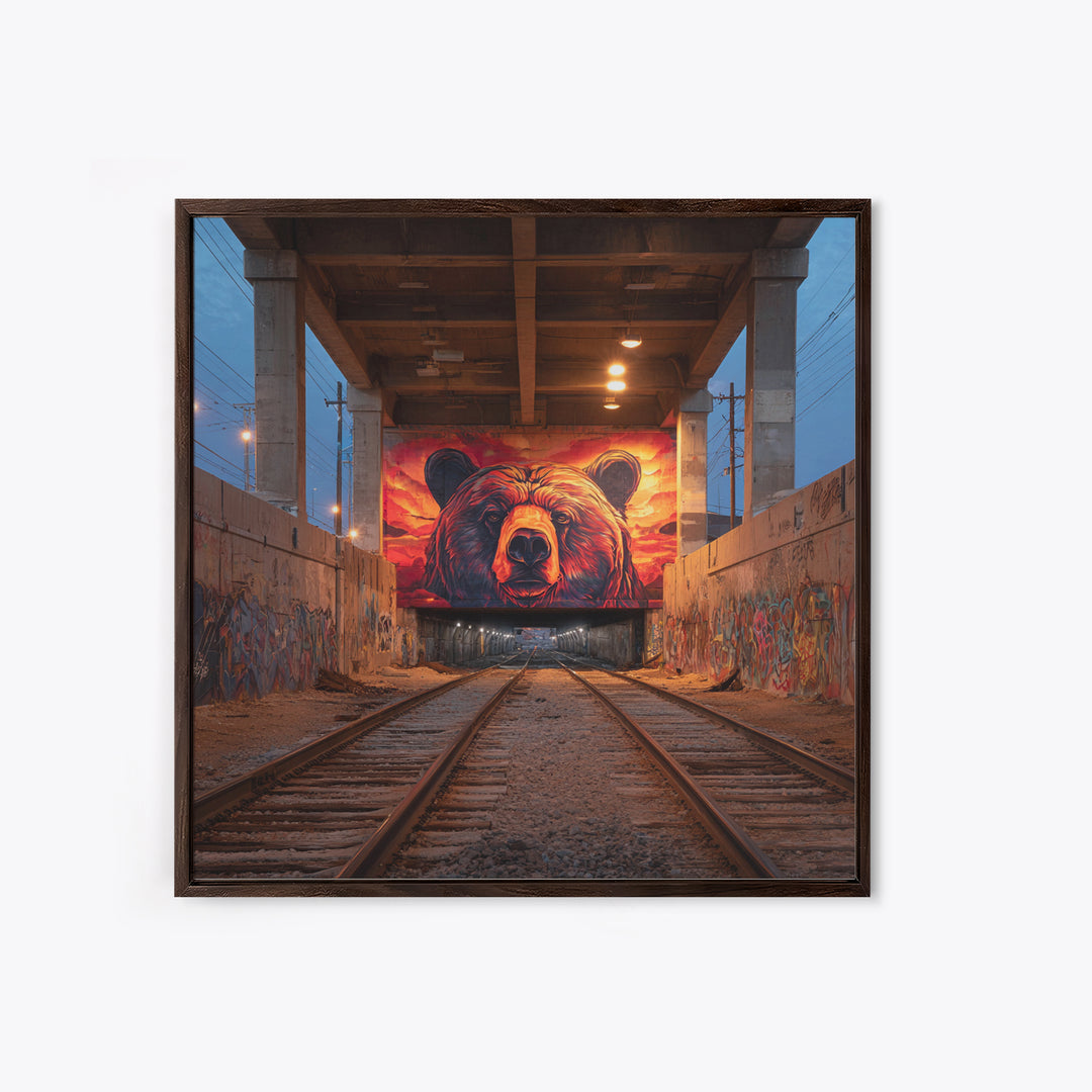 Sunset Bear Railroad Mural Framed Canvas Print, Urban Graffiti Wall Art, Industrial Decor, Wildlife Statement Art, Man Cave Decor