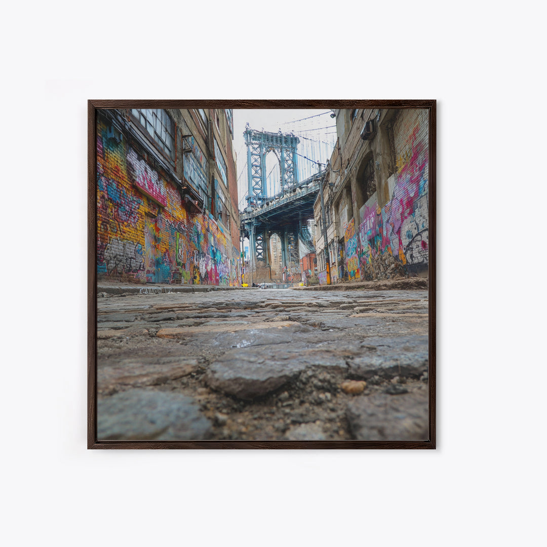 Cobblestone Alley And Bridge Wall Art, Urban Graffiti Photography Print, New York City Decor, Industrial Wall Decor, Travel Poster